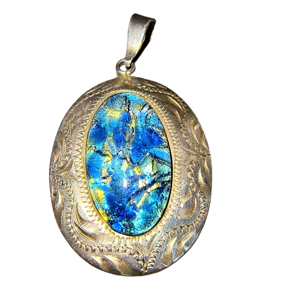Vintage Mexico Artisan Sterling Silver Art Glass Pendant